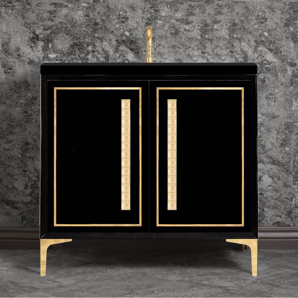 Linkasink - LINEA with 18'' Artisan Glass Pyramid Hardware 36'' Wide Vanity, Black, Polished Brass Hardware, 36'' x 22'' x 33.5'' (without vanity top) - Polished Brass with Ã‰glomisÃ© Pyramid Glass