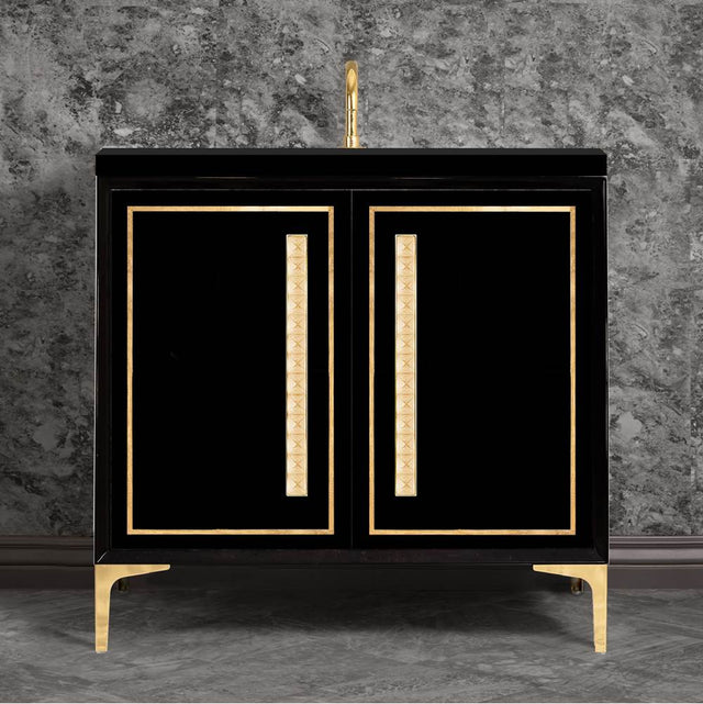 Linkasink - LINEA with 18'' Artisan Glass Pyramid Hardware 36'' Wide Vanity, Black, Polished Brass Hardware, 36'' x 22'' x 33.5'' (without vanity top) - Polished Brass with Ã‰glomisÃ© Pyramid Glass