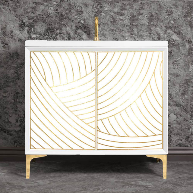 Linkasink - Lateen 36'' Wide White Vanity with Hand Applied Metal Leaf and Polished Brass Hardware - White with Polished Brass Hardware