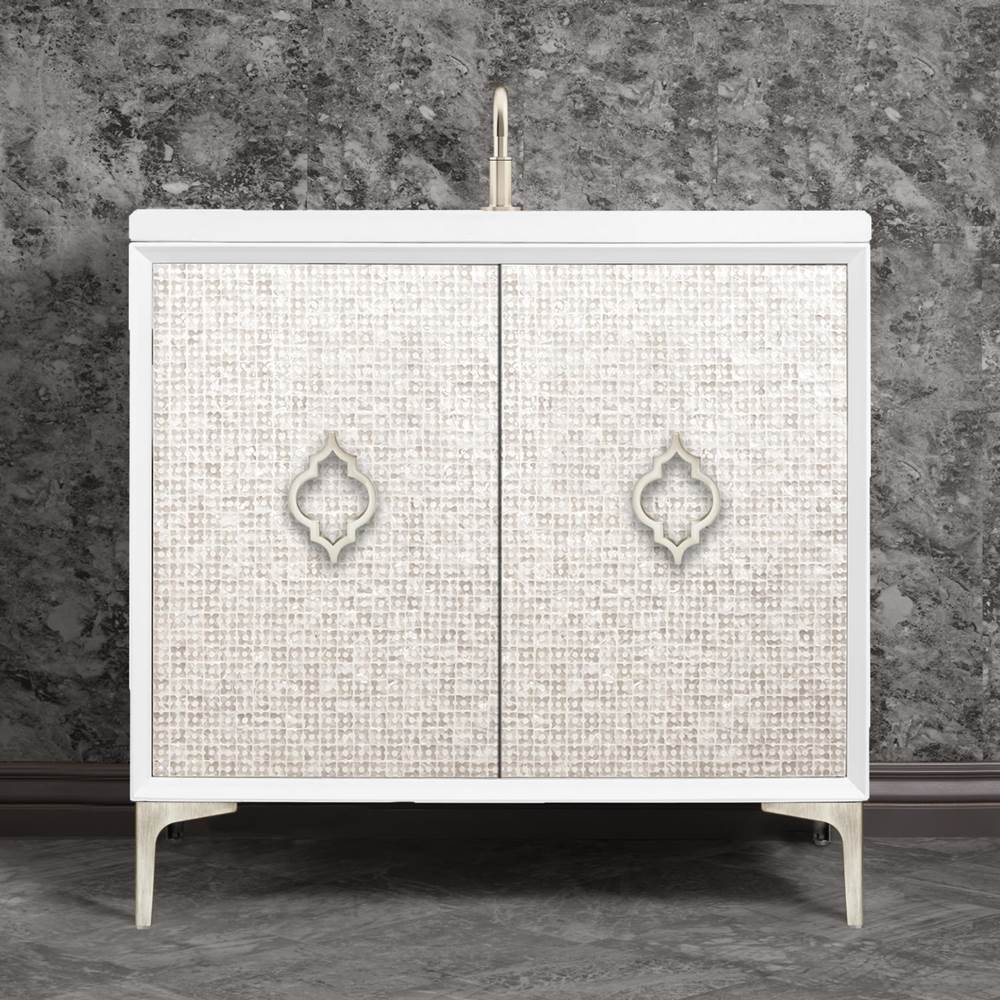 Linkasink - Mother of Pearl 36'' Wide White Vanity with Satin Nickel Arabesque Pull and Hardware - White with Satin Nickel Hardware