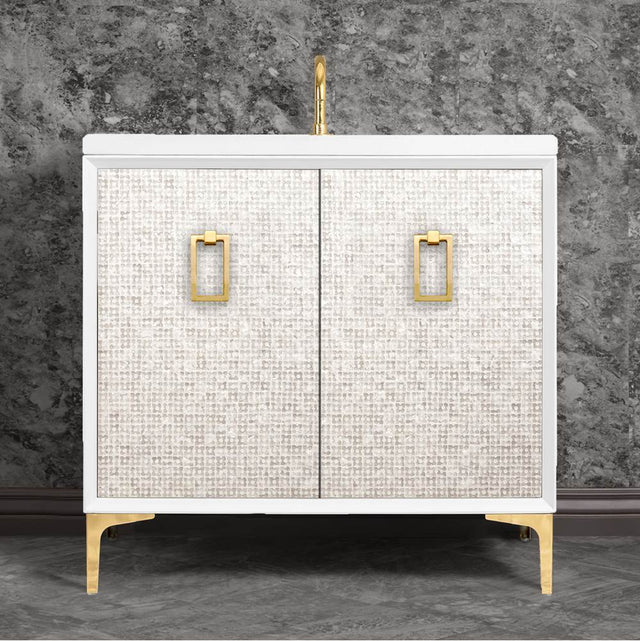Linkasink - Mother of Pearl 36'' Wide White Vanity with Polished Brass Coach Pull and Hardware - White with Polished Brass Hardware