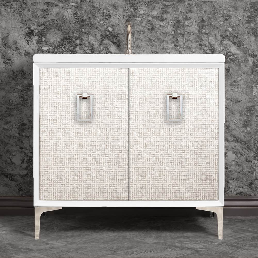 Linkasink - Mother of Pearl 36'' Wide White Vanity with Polished Nickel Coach Pull and Hardware - White with Polished Nickel Hardware