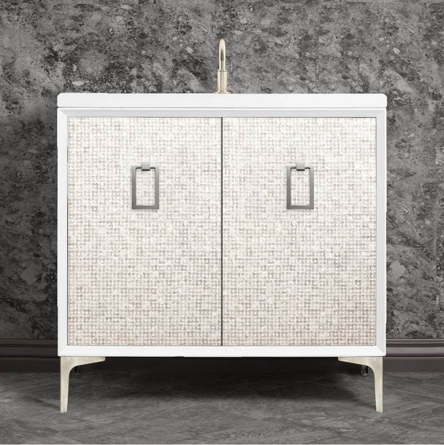 Linkasink - Mother of Pearl 36'' Wide White Vanity with Satin Nickel Coach Pull and Hardware - White with Satin Nickel Hardware