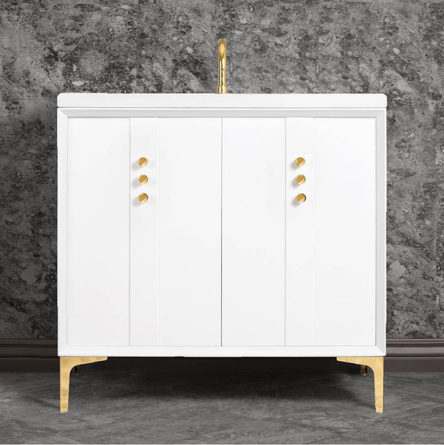 Linkasink - Tuxedo 36'' Wide White Vanity with Polished Brass Buttons and Hardware - White with Polished Brass Hardware
