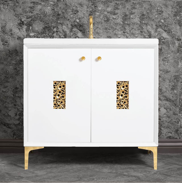 Linkasink - Frame 36'' Wide White Vanity with Polished Brass Coral Grate and Legs - White with Polished Brass Hardware
