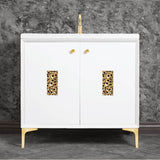 Linkasink - Frame 36'' Wide White Vanity with Satin Brass Coral Grate and Legs - White with Satin Brass Hardware