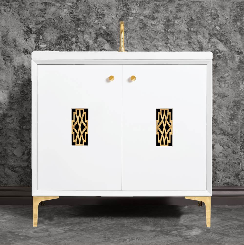 Linkasink - Frame 36'' Wide White Vanity with Polished Brass Deco Grate and Legs - White with Polished Brass Hardware