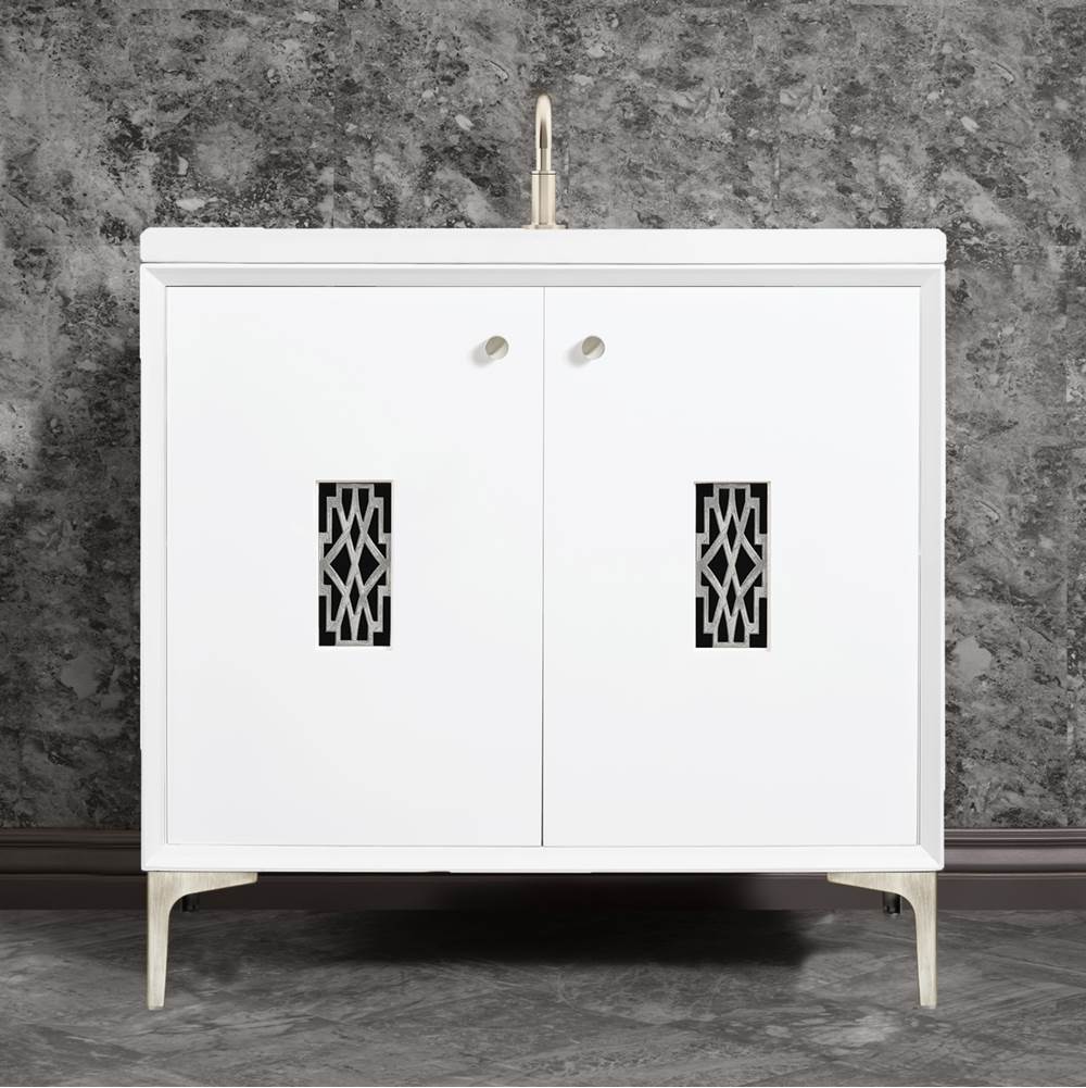 Linkasink - Frame 36'' Wide White Vanity with Satin Nickel Deco Grate and Legs - White with Satin Nickel Hardware