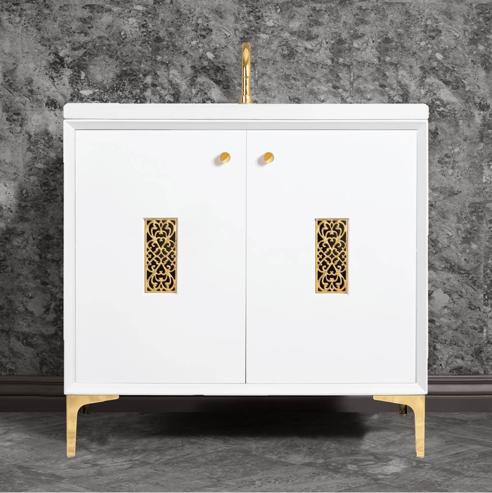 Linkasink - Frame 36'' Wide White Vanity with Polished Brass Filigree Grate and Legs - White with Polished Brass Hardware