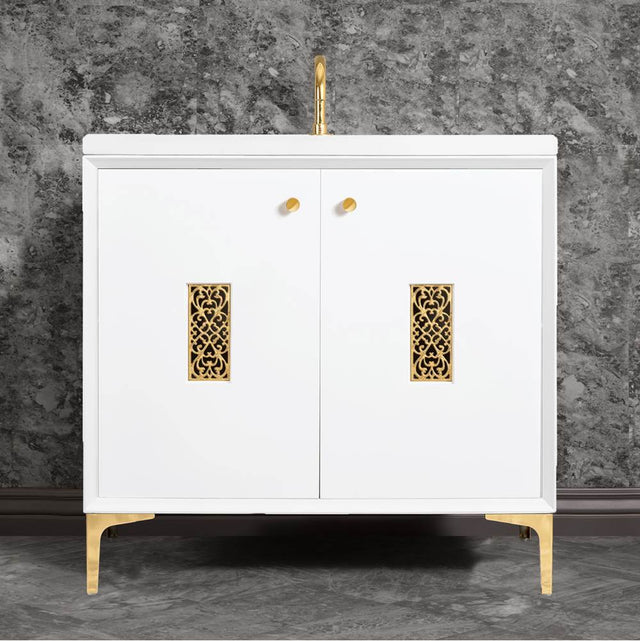 Linkasink - Frame 36'' Wide White Vanity with Polished Brass Filigree Grate and Legs - White with Polished Brass Hardware