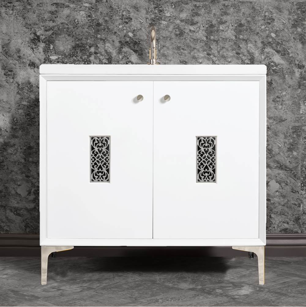 Linkasink - Frame 36'' Wide White Vanity with Polished Nickel Filigree Grate and Legs - White with Polished Nickel Hardware