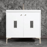 Linkasink - Frame 36'' Wide White Vanity with Polished Nickel Filigree Grate and Legs - White with Polished Nickel Hardware