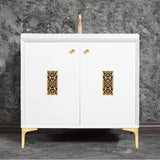 Linkasink - Frame 36'' Wide White Vanity with Satin Brass Filigree Grate and Legs - White with Satin Brass Hardware