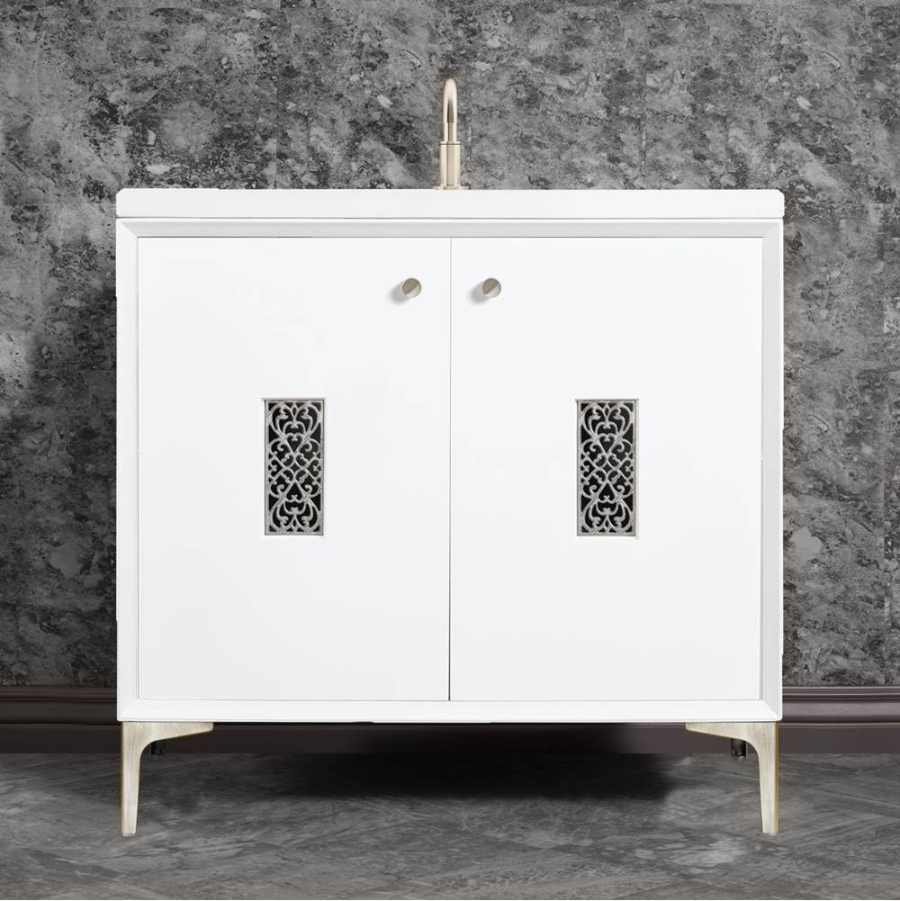 Linkasink - Frame 36'' Wide White Vanity with Satin Nickel Filigree Grate and Legs - White with Satin Nickel Hardware