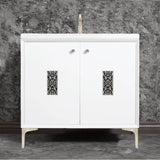 Linkasink - Frame 36'' Wide White Vanity with Satin Nickel Filigree Grate and Legs - White with Satin Nickel Hardware