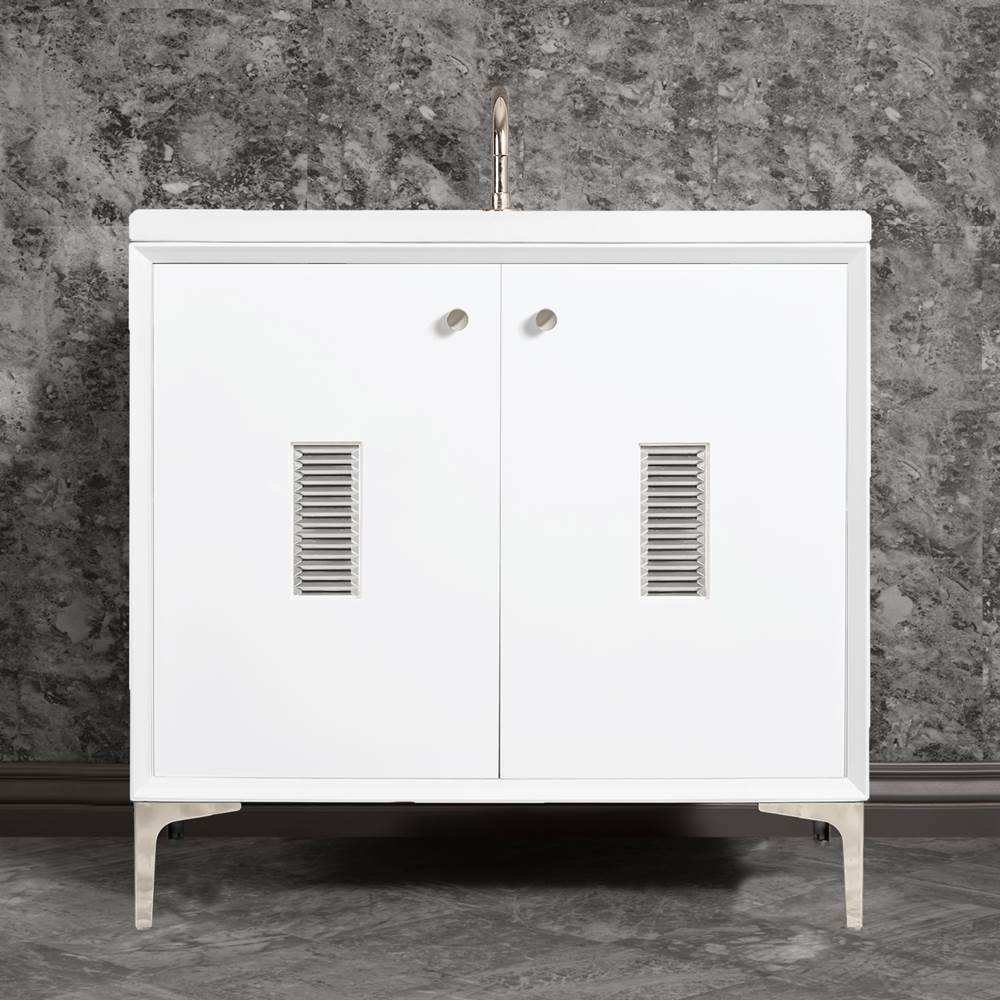 Linkasink - Frame 36'' Wide White Vanity with Polished Nickel Louver Grate and Legs - White with Polished Nickel Hardware