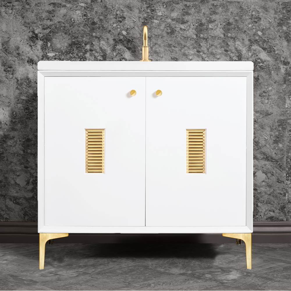 Linkasink - Frame 36'' Wide White Vanity with Satin Brass Louver Grate and Legs - White with Satin Brass Hardware