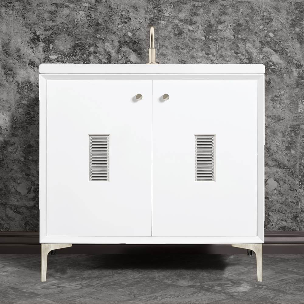 Linkasink - Frame 36'' Wide White Vanity with Satin Nickel Louver Grate and Legs - White with Satin Nickel Hardware