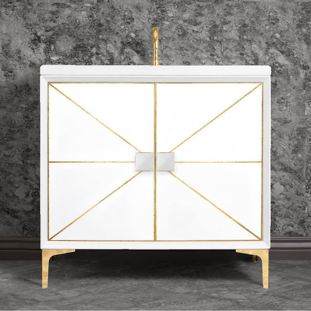 Linkasink - DIVERGENCE with Artisan Glass Hardware 36'' Wide Vanity, White, Polished Brass Hardware, 36'' x 22'' x 33.5'' (without vanity top) - Polished Brass with White Glass