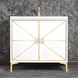 Linkasink - DIVERGENCE with Artisan Glass Hardware 36'' Wide Vanity, White, Satin Brass Hardware, 36'' x 22'' x 33.5'' (without vanity top) - Satin Brass with White Glass
