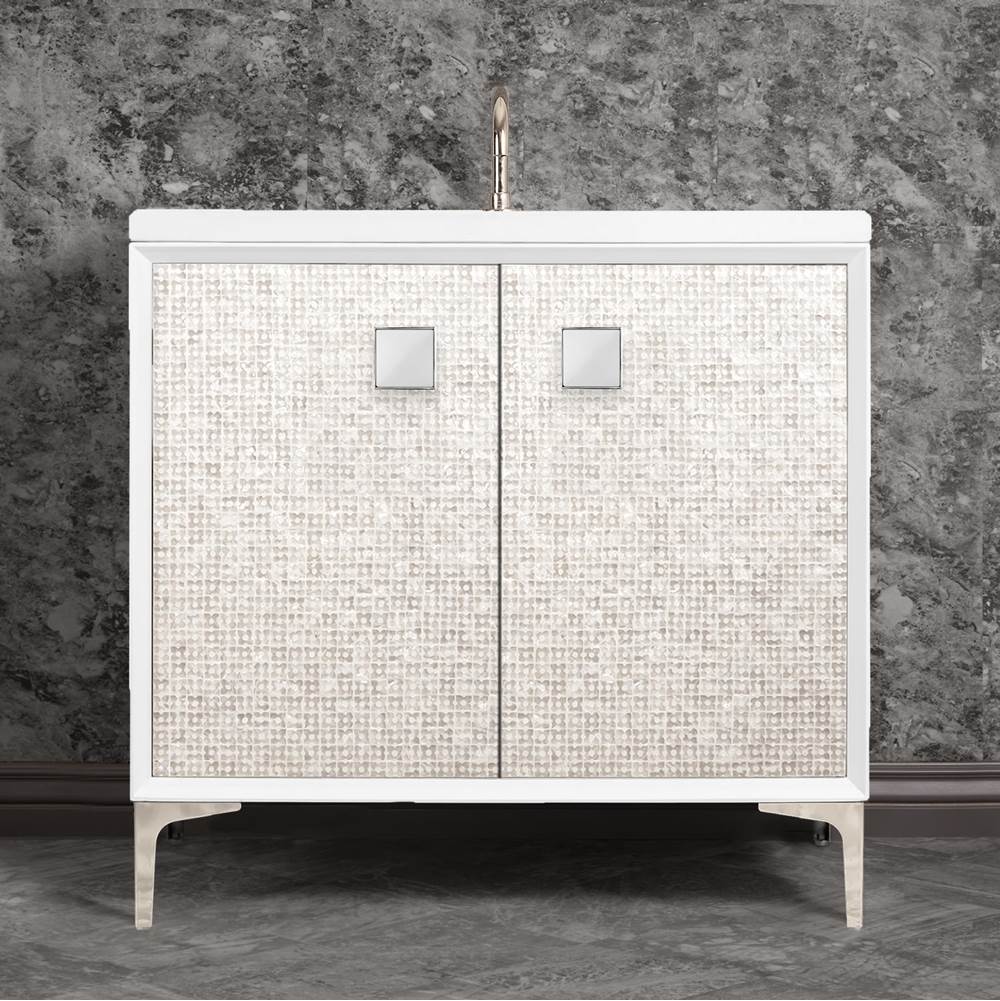 Linkasink - MOTHER OF PEARL with 3'' Artisan Glass Prism Hardware 36'' Wide Vanity, White, Polished Nickel Hardware, 36'' x 22'' x 33.5'' (without vanity top) - Polished Nickel with White Prism Glass
