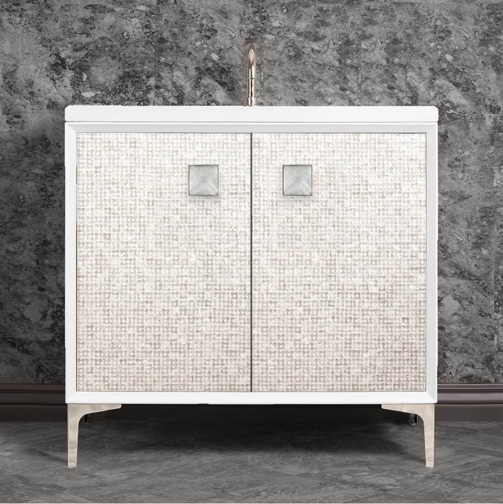 Linkasink - MOTHER OF PEARL with 3'' Artisan Glass Prism Hardware 36'' Wide Vanity, White, Polished Nickel Hardware, 36'' x 22'' x 33.5'' (without vanity top) - Polished Nickel with Ã‰glomisÃ© Prism Glass