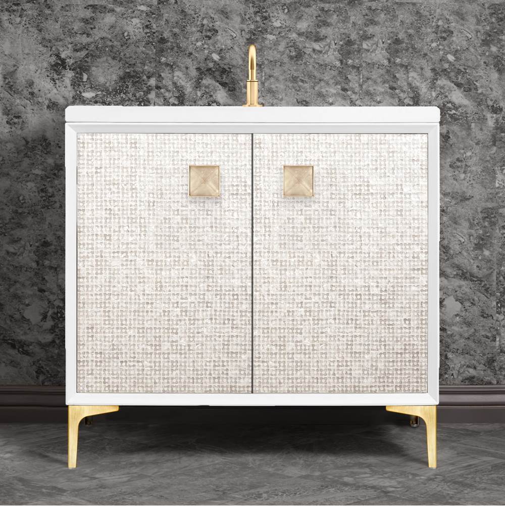 Linkasink - MOTHER OF PEARL with 3'' Artisan Glass Prism Hardware 36'' Wide Vanity, White, Satin Brass Hardware, 36'' x 22'' x 33.5'' (without vanity top) - Satin Brass with Eglomise Prism Glass