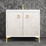 Linkasink - MOTHER OF PEARL with 3'' Artisan Glass Prism Hardware 36'' Wide Vanity, White, Satin Brass Hardware, 36'' x 22'' x 33.5'' (without vanity top) - Satin Brass with Eglomise Prism Glass