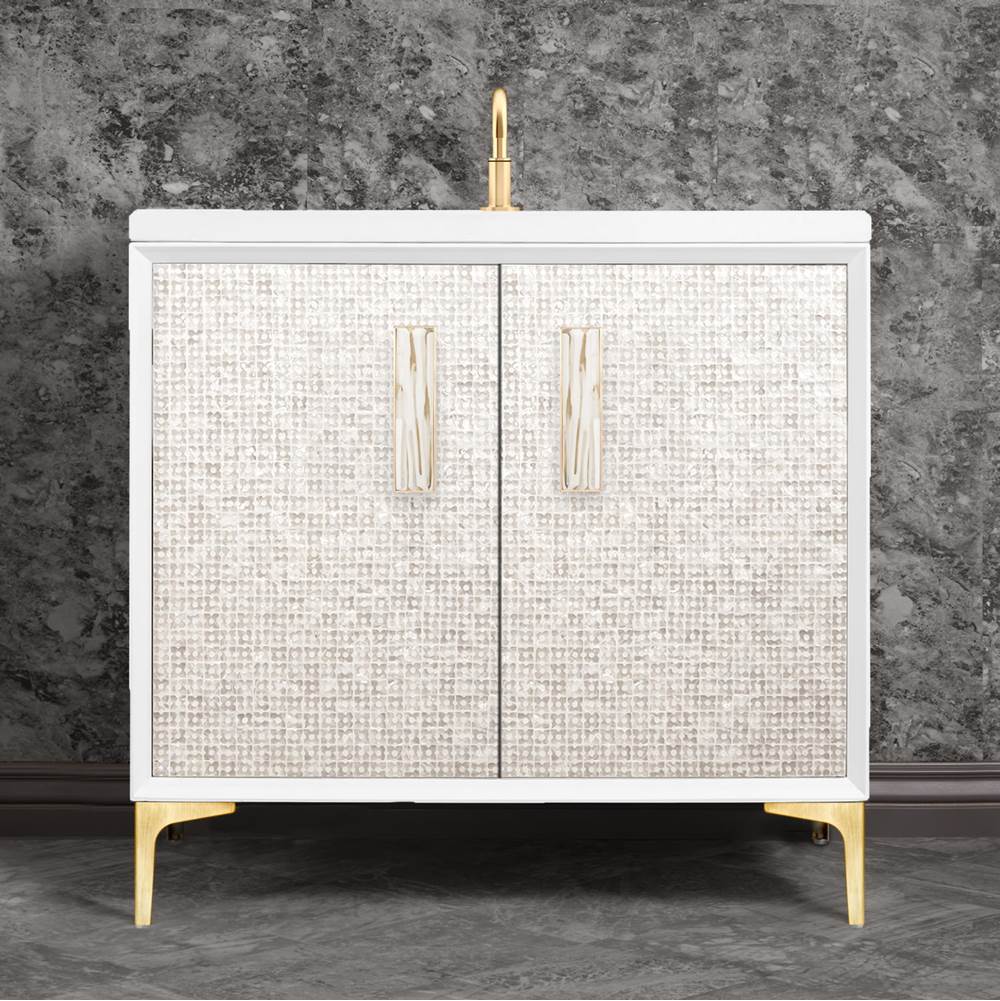 Linkasink - Mother of Pearl with 8'' White Tiger Artisan Glass Prism, 36'' Wide Vanity, White, Satin Brass Hardware with White Glass, 36'' x 22'' x 33.5'' (without vanity top) - Satin Brass with White Tiger Prism Glass