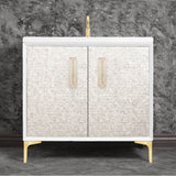 Linkasink - MOTHER OF PEARL with 8'' Artisan Glass Prism Hardware 36'' Wide Vanity, White, Satin Brass Hardware, 36'' x 22'' x 33.5'' (without vanity top) - Satin Brass with Eglomise Prism Glass