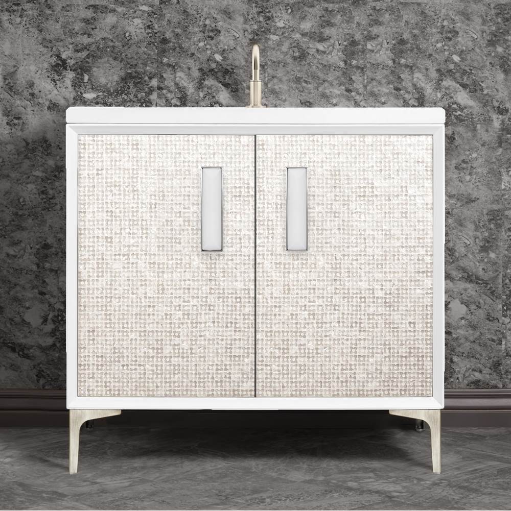 Linkasink - MOTHER OF PEARL with 8'' Artisan Glass Prism Hardware 36'' Wide Vanity, White, Satin Nickel Hardware, 36'' x 22'' x 33.5'' (without vanity top) - Satin Nickel with White Prism Glass