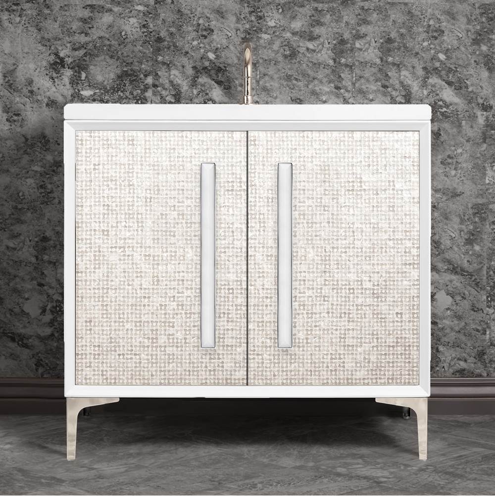 Linkasink - MOTHER OF PEARL with 18'' Artisan Glass Prism Hardware 36'' Wide Vanity, White, Polished Nickel Hardware, 36'' x 22'' x 33.5'' (without vanity top) - Polished Nickel with White Prism Glass