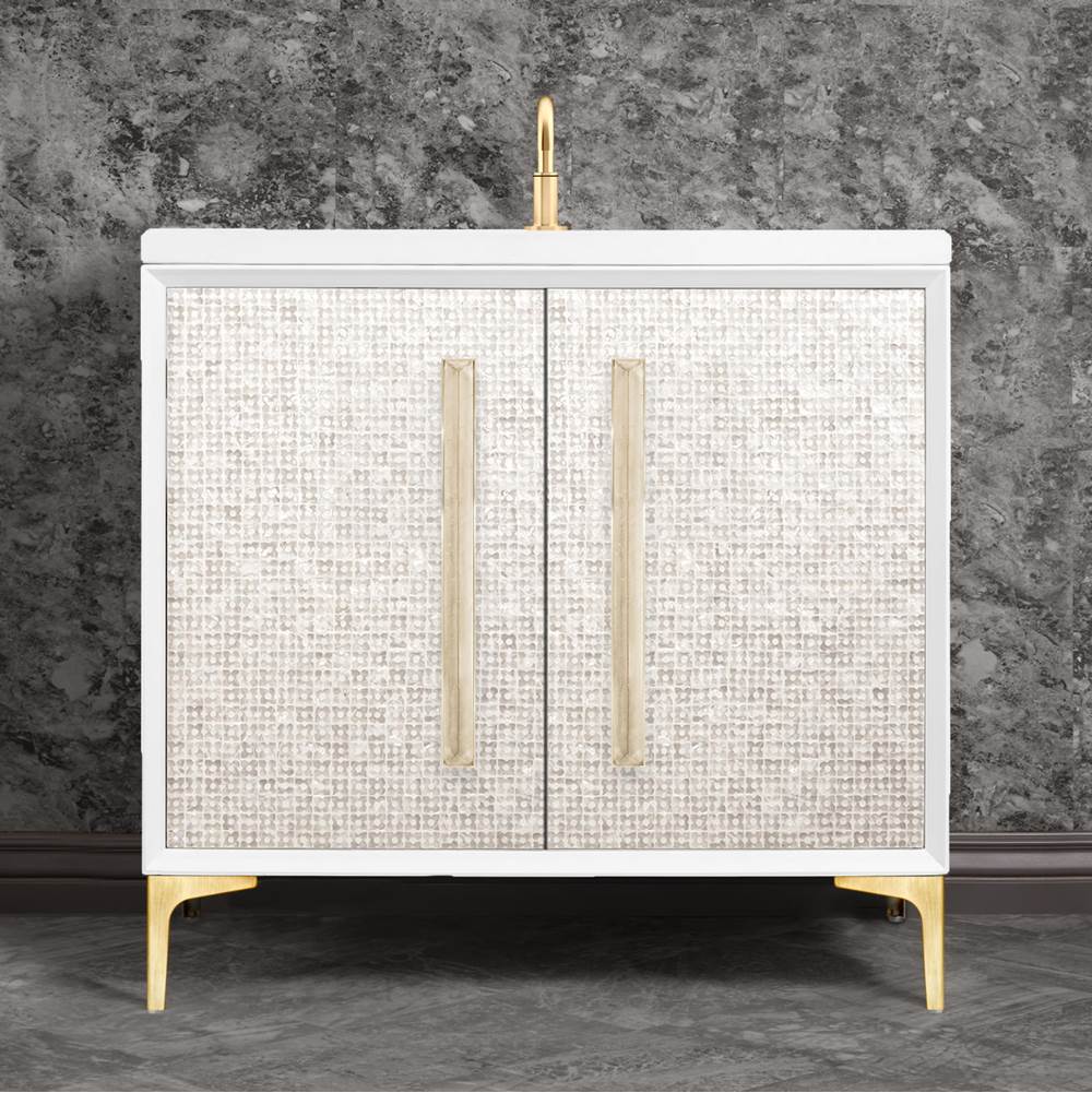 Linkasink - MOTHER OF PEARL with 18'' Artisan Glass Prism Hardware 36'' Wide Vanity, White, Satin Brass Hardware, 36'' x 22'' x 33.5'' (without vanity top) - Satin Brass with Eglomise Prism Glass