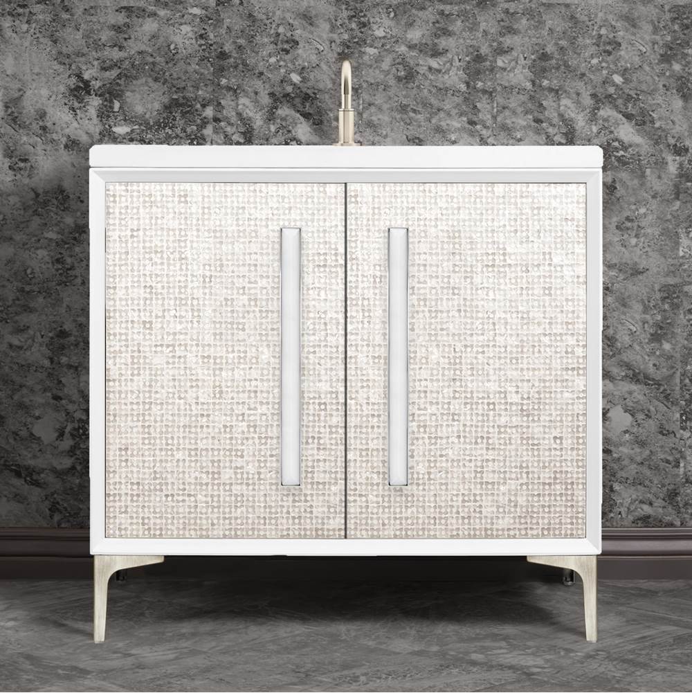 Linkasink - MOTHER OF PEARL with 18'' Artisan Glass Prism Hardware 36'' Wide Vanity, White, Satin Nickel Hardware, 36'' x 22'' x 33.5'' (without vanity top) - Satin Nickel with White Prism Glass
