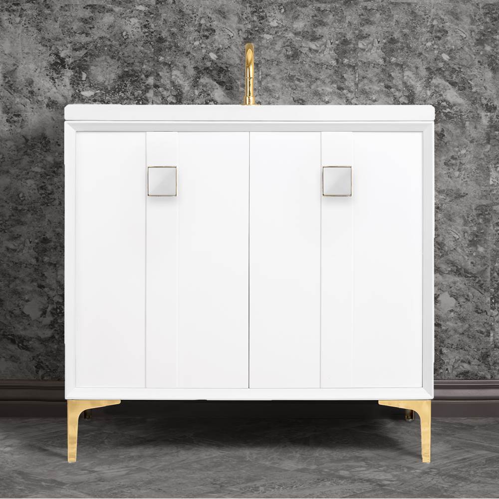 Linkasink - TUXEDO with 3'' Artisan Glass Prism Hardware 36'' Wide Vanity, White, Polished Brass Hardware, 36'' x 22'' x 33.5'' (without vanity top) - Polished Brass with White Prism Glass