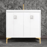 Linkasink - TUXEDO with 3'' Artisan Glass Prism Hardware 36'' Wide Vanity, White, Polished Brass Hardware, 36'' x 22'' x 33.5'' (without vanity top) - Polished Brass with White Prism Glass
