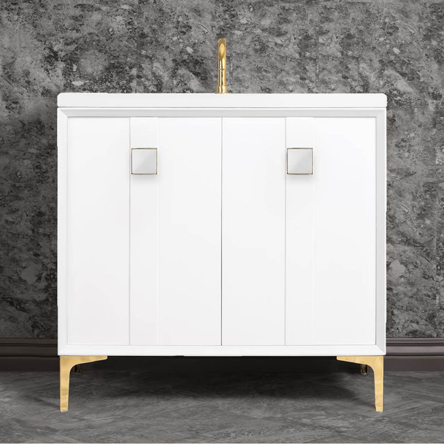 Linkasink - TUXEDO with 3'' Artisan Glass Prism Hardware 36'' Wide Vanity, White, Polished Brass Hardware, 36'' x 22'' x 33.5'' (without vanity top) - Polished Brass with White Prism Glass