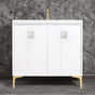 Linkasink - TUXEDO with 3'' Artisan Glass Prism Hardware 36'' Wide Vanity, White, Polished Brass Hardware, 36'' x 22'' x 33.5'' (without vanity top) - Polished Brass with White Prism Glass