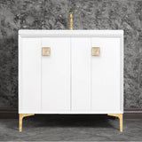 Linkasink - TUXEDO with 3'' Artisan Glass Prism Hardware 36'' Wide Vanity, White, Polished Brass Hardware, 36'' x 22'' x 33.5'' (without vanity top) - Polished Brass with Eglomise Prism Glass