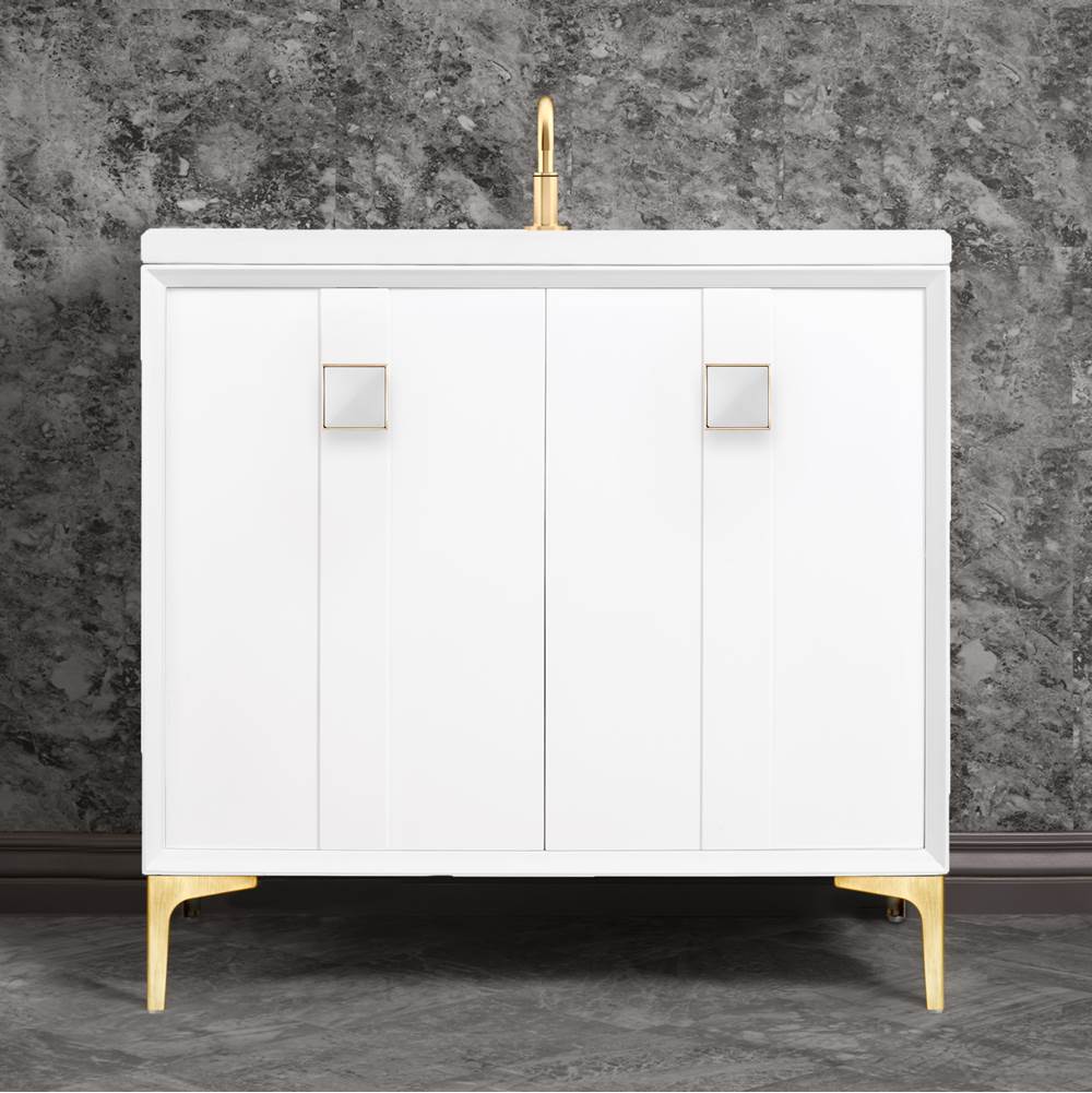 Linkasink - TUXEDO with 3'' Artisan Glass Prism Hardware 36'' Wide Vanity, White, Satin Brass Hardware, 36'' x 22'' x 33.5'' (without vanity top) - Satin Brass with White Prism Glass