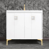Linkasink - TUXEDO with 3'' Artisan Glass Prism Hardware 36'' Wide Vanity, White, Satin Brass Hardware, 36'' x 22'' x 33.5'' (without vanity top) - Satin Brass with White Prism Glass