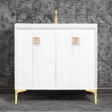 Linkasink - TUXEDO with 3'' Artisan Glass Prism Hardware 36'' Wide Vanity, White, Satin Brass Hardware, 36'' x 22'' x 33.5'' (without vanity top) - Satin Brass with Eglomise Prism Glass