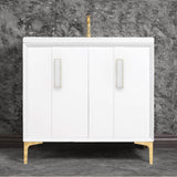 Linkasink - TUXEDO with 8'' Artisan Glass Prism Hardware 36'' Wide Vanity, White, Polished Brass Hardware, 36'' x 22'' x 33.5'' (without vanity top) - Polished Brass with White Prism Glass