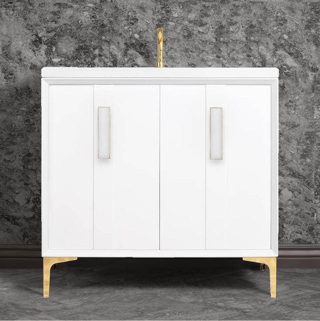 Linkasink - TUXEDO with 8'' Artisan Glass Prism Hardware 36'' Wide Vanity, White, Polished Brass Hardware, 36'' x 22'' x 33.5'' (without vanity top) - Polished Brass with White Prism Glass