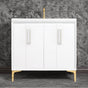 Linkasink - TUXEDO with 8'' Artisan Glass Prism Hardware 36'' Wide Vanity, White, Polished Brass Hardware, 36'' x 22'' x 33.5'' (without vanity top) - Polished Brass with White Prism Glass