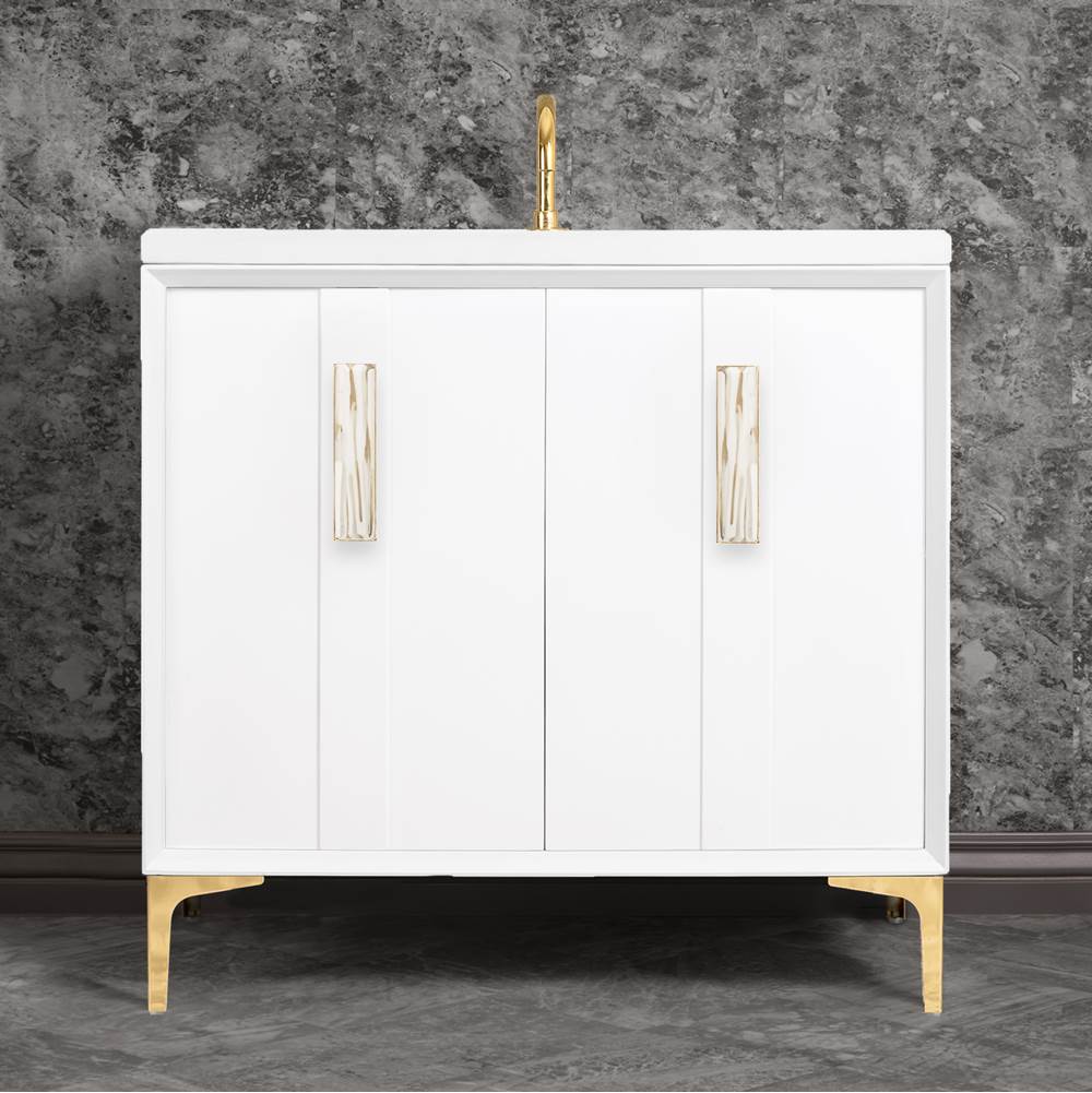 Linkasink - TUXEDO with 8'' Artisan Glass Prism Hardware 36'' Wide Vanity, White, Polished Brass Hardware, 36'' x 22'' x 33.5'' (without vanity top) - Polished Brass with White Tiger Prism Glass