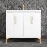 Linkasink - TUXEDO with 8'' Artisan Glass Prism Hardware 36'' Wide Vanity, White, Polished Brass Hardware, 36'' x 22'' x 33.5'' (without vanity top) - Polished Brass with White Tiger Prism Glass