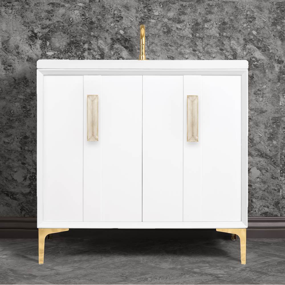 Linkasink - TUXEDO with 8'' Artisan Glass Prism Hardware 36'' Wide Vanity, White, Polished Brass Hardware, 36'' x 22'' x 33.5'' (without vanity top) - Polished Brass with Eglomise Prism Glass