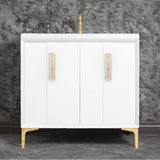 Linkasink - TUXEDO with 8'' Artisan Glass Prism Hardware 36'' Wide Vanity, White, Polished Brass Hardware, 36'' x 22'' x 33.5'' (without vanity top) - Polished Brass with Eglomise Prism Glass