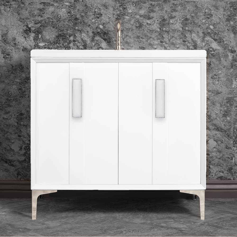 Linkasink - TUXEDO with 8'' Artisan Glass Prism Hardware 36'' Wide Vanity, White, Polished Nickel Hardware, 36'' x 22'' x 33.5'' (without vanity top) - Polished Nickel with White Prism Glass